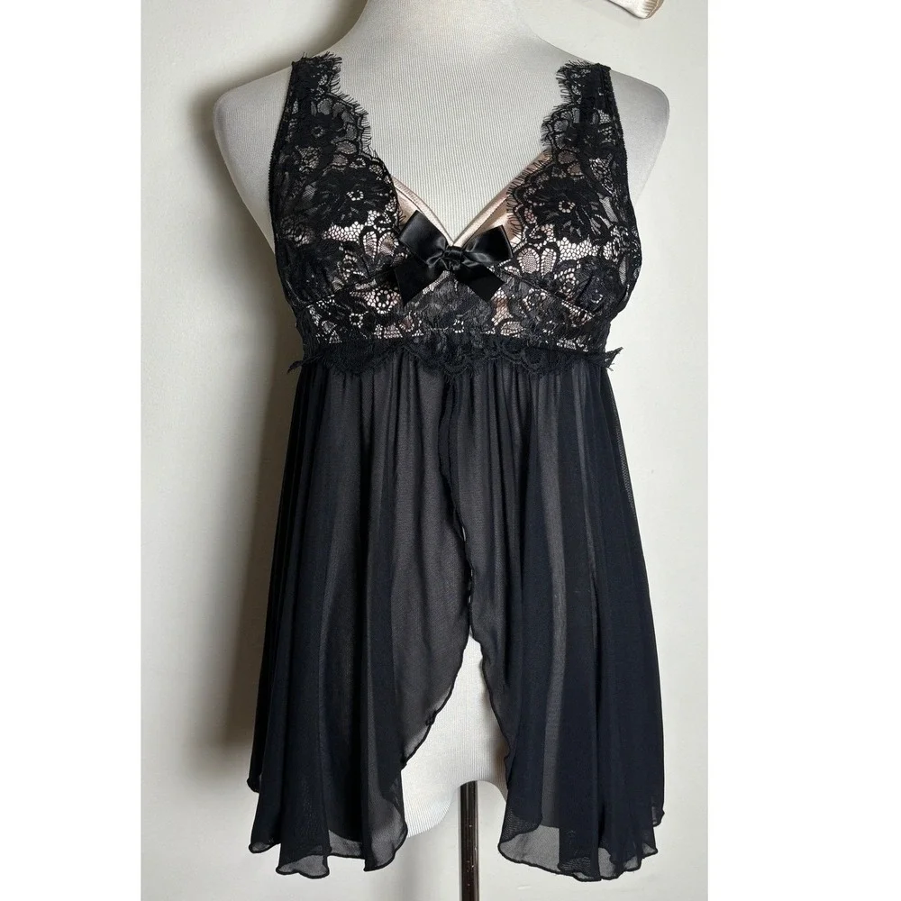 Fredericks of Hollywood‎ Babydoll Top S Coquette Black Sheer Mesh Lace Lingerie